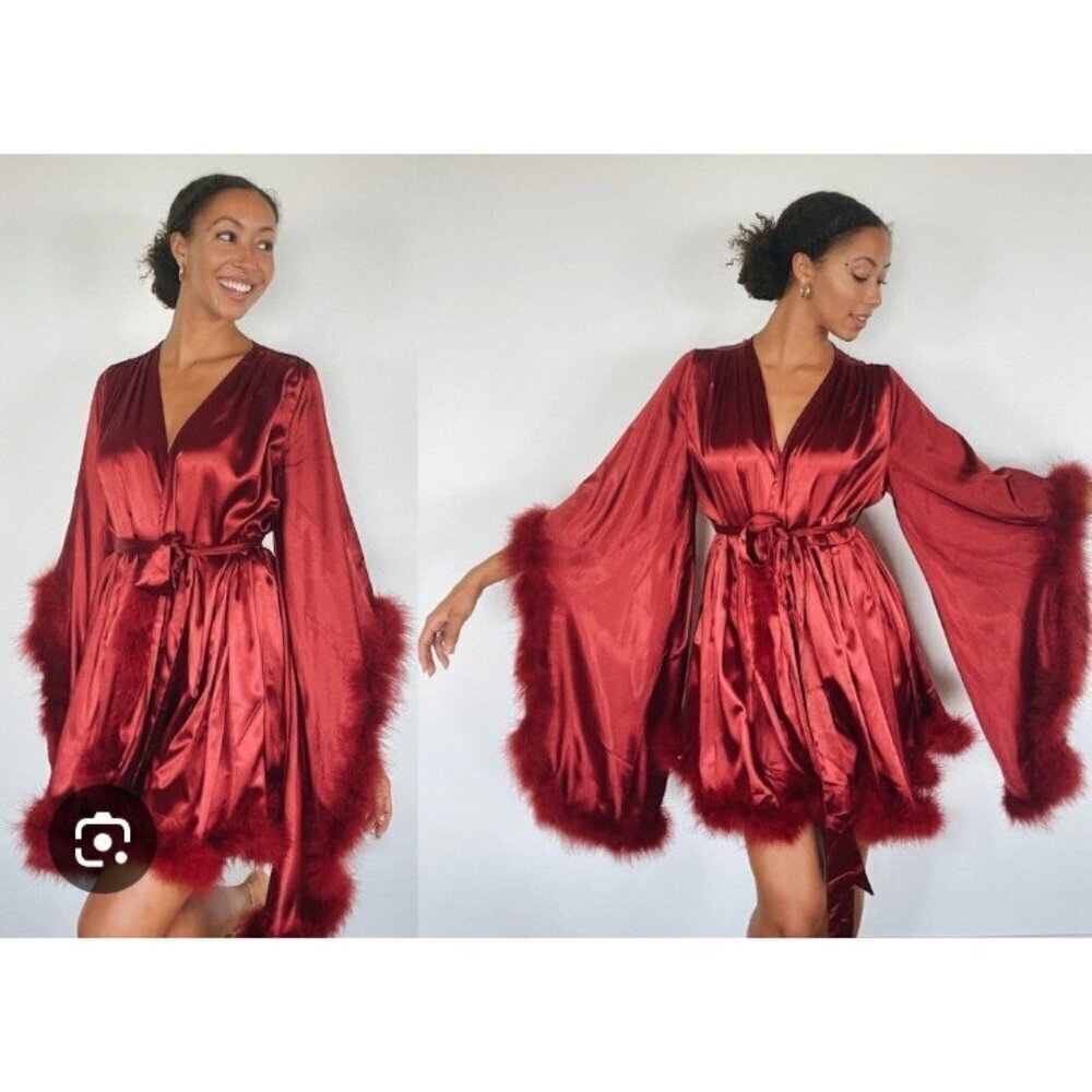 Solistawear Valentina Red Satin Robe Feather Trim Luxe Wrap – Solista W Size L